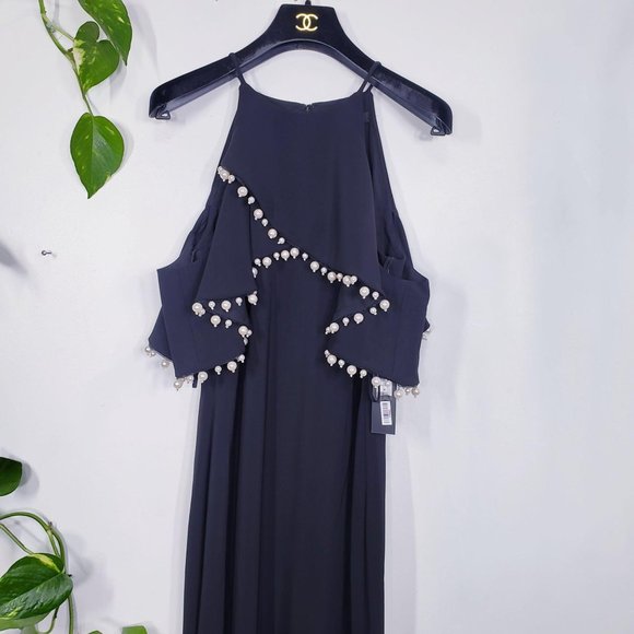 $795 NWT BADGLEY MISCHKA Women's Black Maxi Long Dress‎ 4 SMALL Ruffle Pearls - Picture 8 of 12